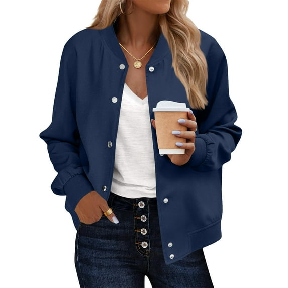 Enjoytime Womens Fall Jackets 2025 Solid Color Long Sleeve Button Down Outerwear Fashion Casual Lightweight Winter Coat Dark Blue S