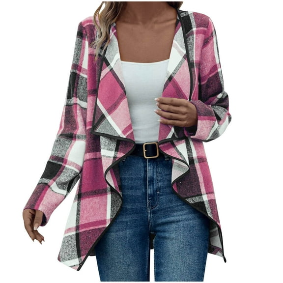 Enjoytime Womens Fall Jackets Plaid Printed Long Sleeve Lapel Open Front Cardigan Winter Fashion Loose Coat Casual Outerwear Hot Pink L