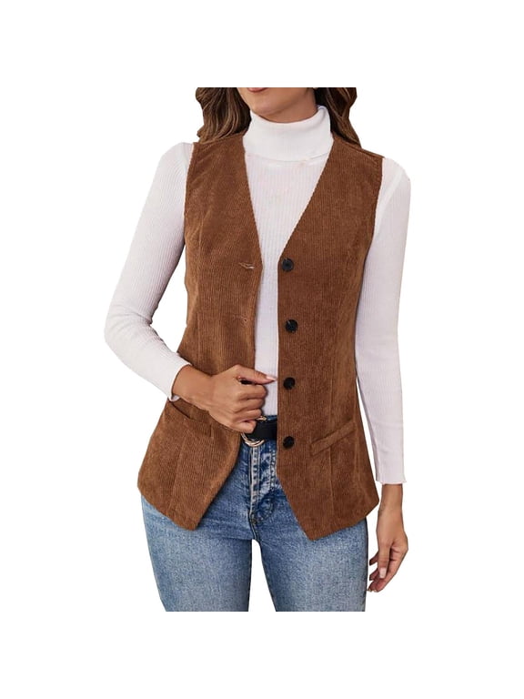 Womens Fall Jackets Solid Color Sleeveless Button Down Cardigan Lightweight Fashion Casual Vests Outerwear