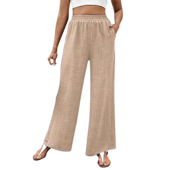 Enjoytime Womens Fall Pants Solid Color Elastic Waist Wide Leg Pants Office Business Casual Loose Work Trousers Khaki XL
