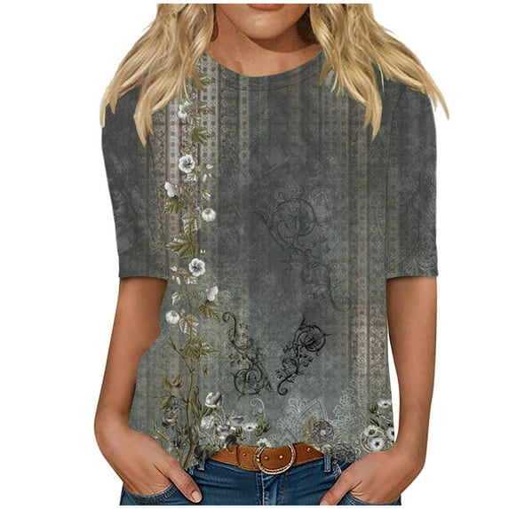 Enjoytime Womens Half Sleeves Blouses Women Casual Floral Printed Shirts Pullover Loose Tunic Blouse Tops Plus Size