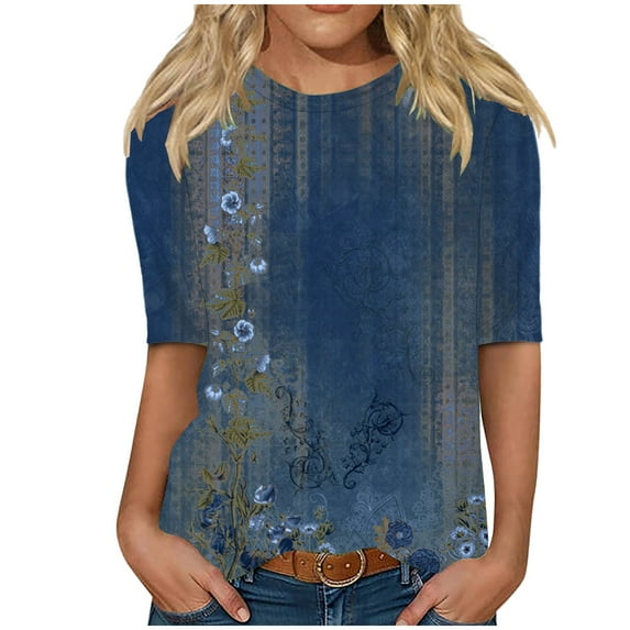 Enjoytime Womens Half Sleeves Blouses Women Casual Floral Printed Shirts Pullover Loose Tunic Blouse Tops Plus Size