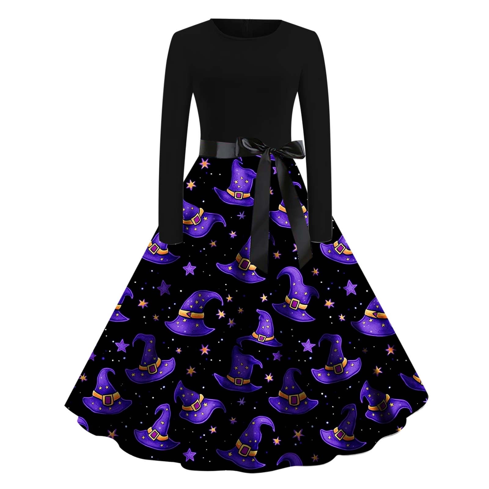 amazon ladies halloween dresses Enjoytime Women's Halloween Costumes Pumpkin Print Crew Neck Long Sleeve  Midi Dresses Side Bow Tie Elegant Dress