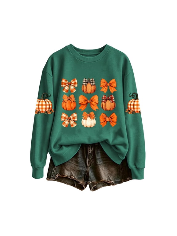 Womens Halloween Sweatshirts Pumpkin Print Long Sleeve Pullover Top Fall Fashion Lightweight Casual Sweatshirt