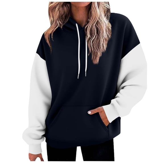 Enjoytime Womens Hoodie 2025 Fall Winter Patchwork Long Sleeve Crewneck Pullover Tops Casual Loose Trendy Cute Sweatshirts Navy XXL