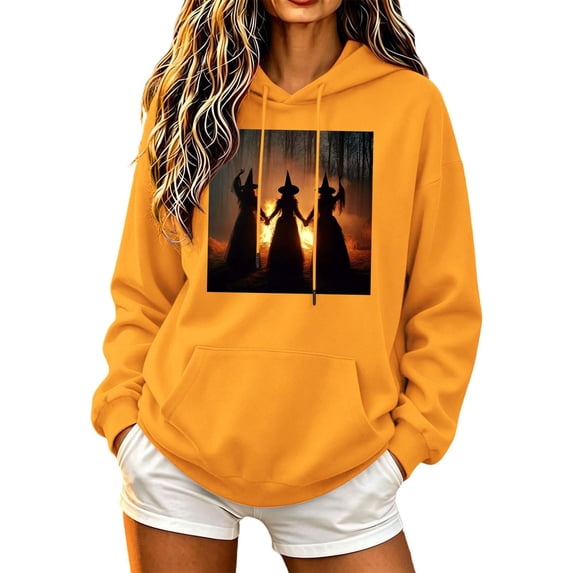 Enjoytime Womens Hoodie Halloween Printed Drawstring Long Sleeve Pullover Sweatshirt Fall Vintage Casual Spooky Season Hoodies