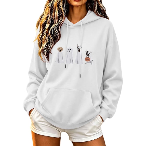 Enjoytime Womens Hoodie Halloween Printed Drawstring Long Sleeve Pullover Sweatshirt Fall Vintage Casual Spooky Season Hoodies