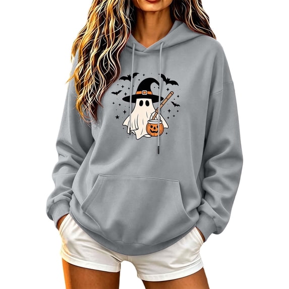 Enjoytime Womens Hoodie Halloween Printed Drawstring Long Sleeve Pullover Sweatshirt Fall Vintage Casual Spooky Season Hoodies