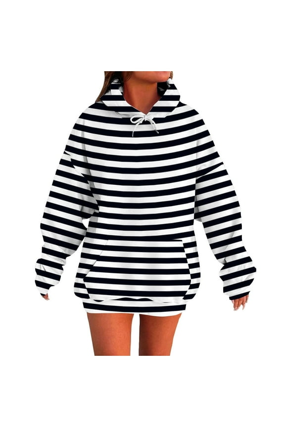 Womens Hoodie Stripe Printed Long Sleeve Pullover Tops with Pocket Casual Fashion Fall Winter Sweatshirts