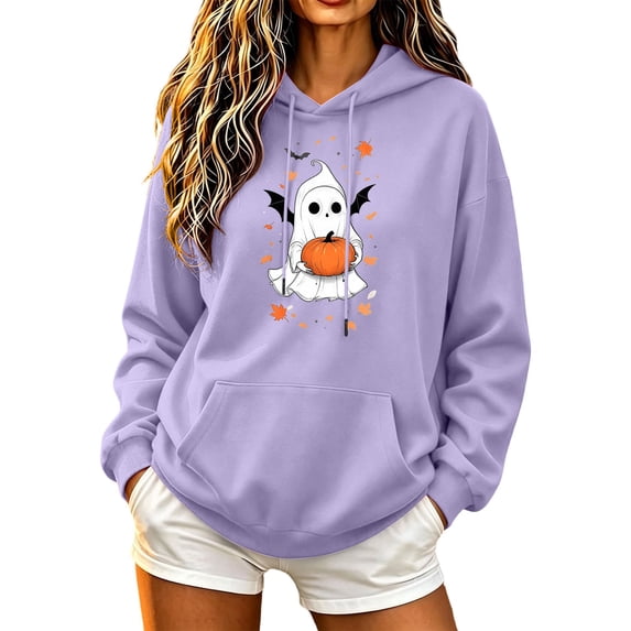 Enjoytime Womens Hoodies Halloween Cute Ghost Graphic Long Sleeve Pullover Hoodie Lightweight Casual Spooky Season Sweatshirts