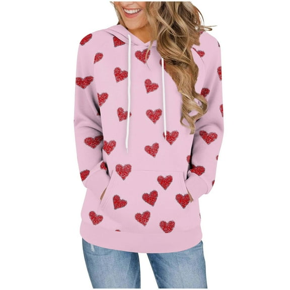 Enjoytime Womens Hoodies Hearts Printed Long Sleeve Casual Sweatshirt Fall Winter Fashion Trendy Pullover Sweatshirts Pink M