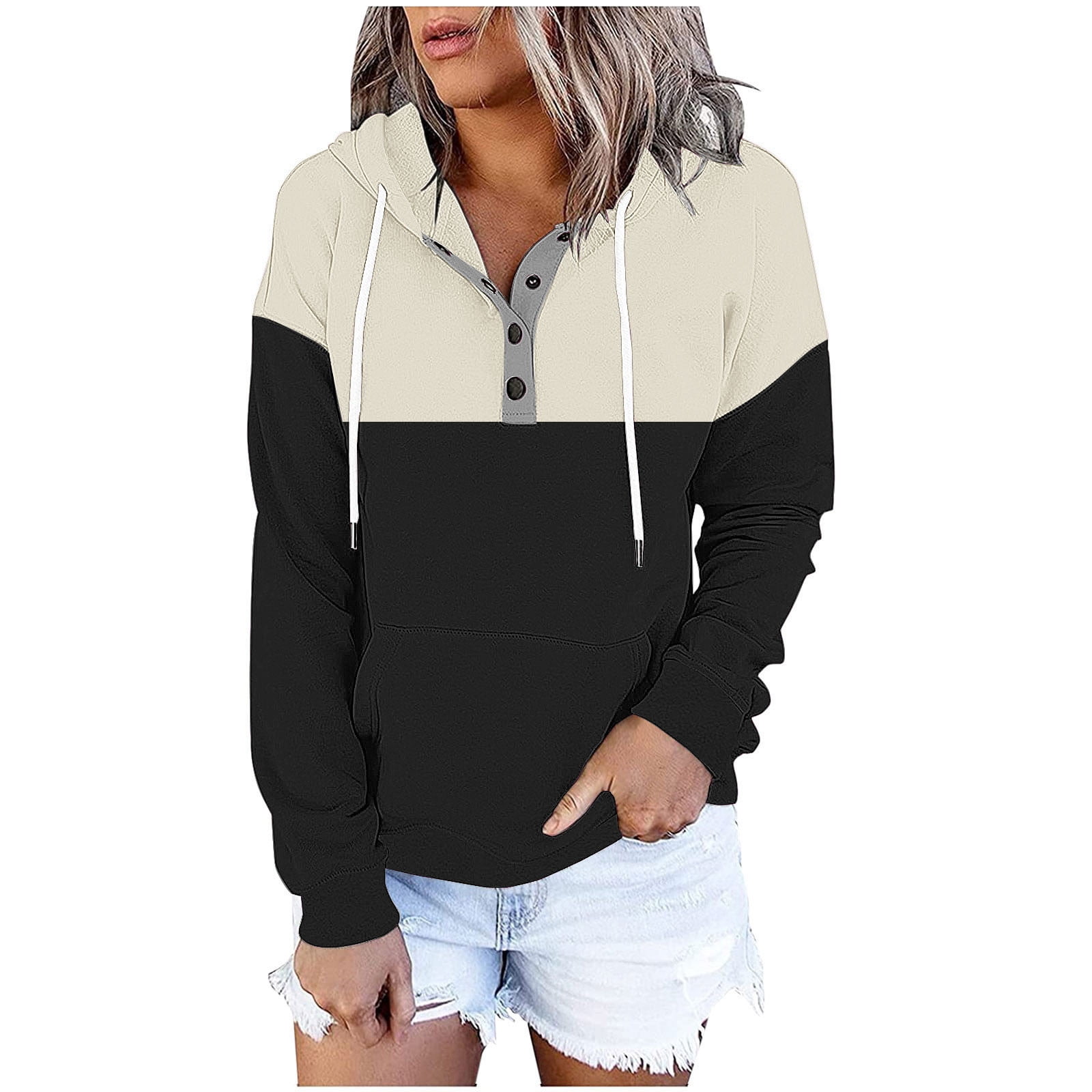 Enjoytime Womens Hoodies Patchwork Long Sleeve Button Down Blouses ...