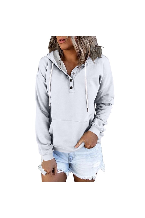 Womens Hoodies Solid Color Half Button Down Pullover Sweatshirts Fall Winter Casual Comfy Long Sleeve Hoodie White L