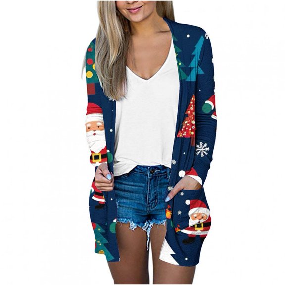 Enjoytime Womens Jacket Christmas Printed Long Sleeve Open Front Cardigans Lightweight Fall Fashion Coats Winter Casual Outerwear