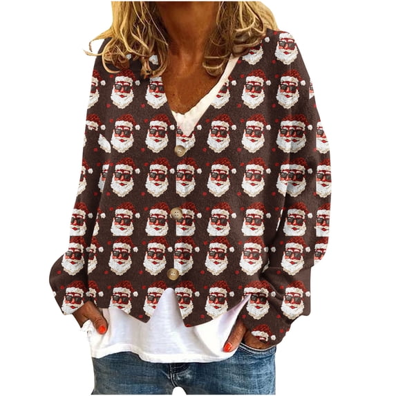 Enjoytime Womens Jacket Christmas Printed V-Neck Button Down Long Sleeve Outerwear Fall Winter Lightweight Cute Cardigans Wine XXL