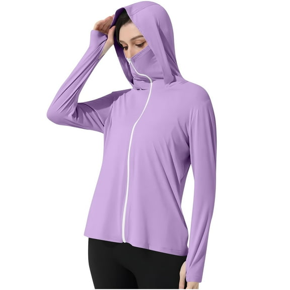 Enjoytime Womens Jacket Solid Color Long Sleeve Sun Protection Zip Up Hoodie Outdoor Lightweight Casual Outerwear Purple M
