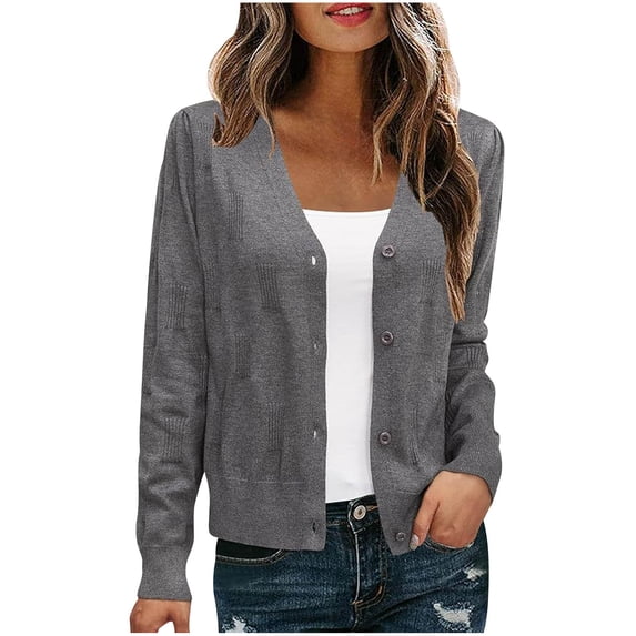 Enjoytime Womens Jacket Solid Color V-Neck Long Sleeve Lightweight Cardigans Button Down Fashion Coats Casual Outerwear Gray S
