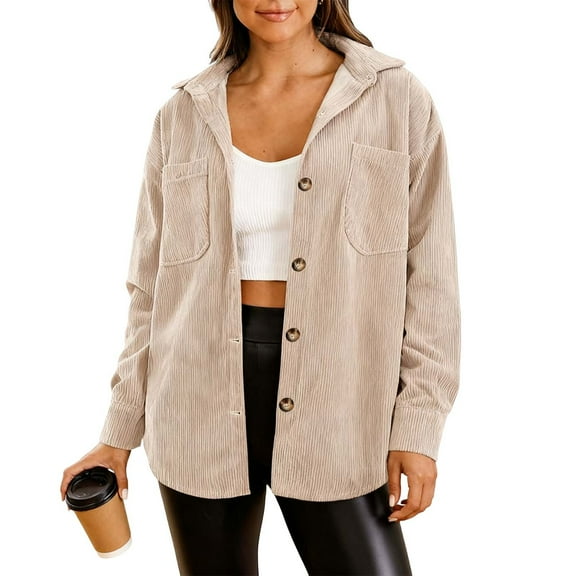 Enjoytime Womens Jackets Casual Solid Color Lapel Button Down Blouse Fall Trendy Long Sleeve Outerwear with Pockets Beige L