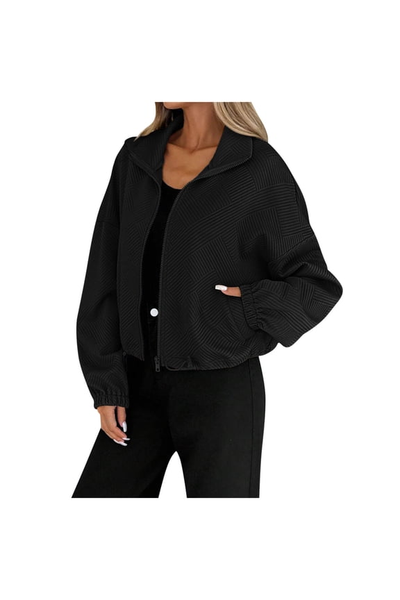 Womens Jackets Fashion Long Sleeve Zip Up Jacket Fashion Solid Color Cropped Outerwear Lightweight Casual Warm Fall Winter Coats Black M