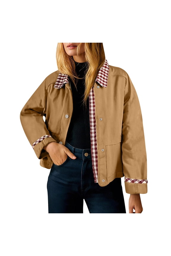 Womens Jackets Patchwork Loose Sleeve Turndown Collar Casual Outerwear Lightweight Fall Fashion Button Down Coats