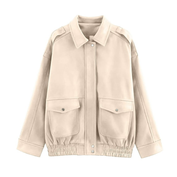 Enjoytime Womens Jackets Solid Color Long Sleeve Lapel Zipper Coats Fall Winter Fashion Casual Outerwear Beige S