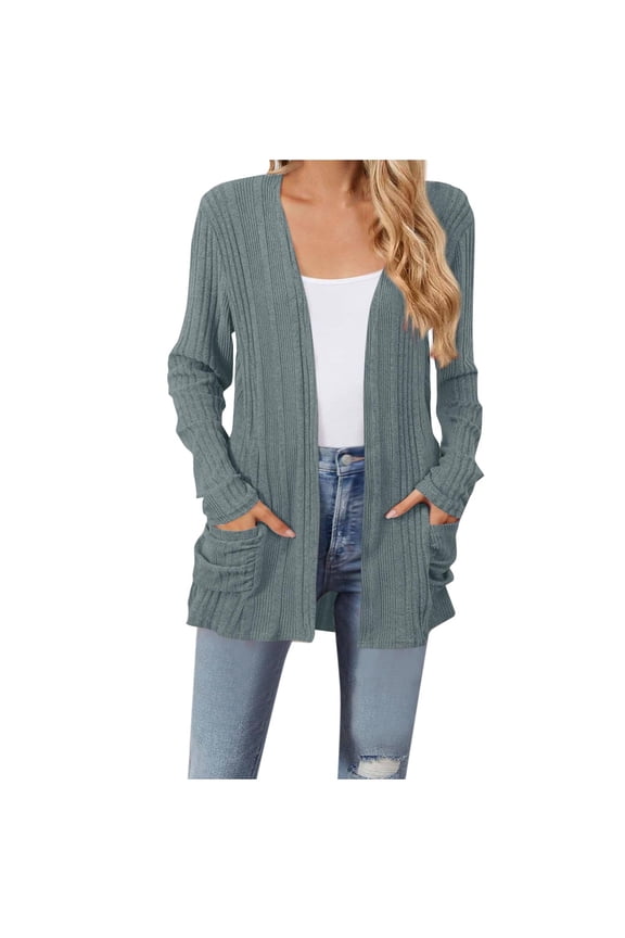 Womens Lightweight Cardigan Brushed Stripe Solid Color Long Sleeve Jackets with Pocket 2025 Business Casual Fall Coats