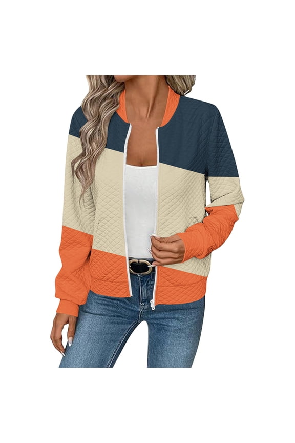 Womens Lightweight Jackets Fashion Patchwork Long Sleeve Zipper Outerwear Fall Winter Casual Cropped Coat with Pockets Multicolor XXL