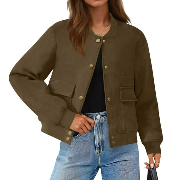 Enjoytime Womens Lightweight Jackets Solid Color Long Sleeve Cropped Coats Fashion Leather Casual Outerwear with Pockets