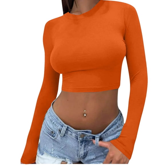 Enjoytime Womens Long Sleeve Tops Solid Color Crew Neck Slim Cropped Shirts Spring Trendy Casual Blouses Red L