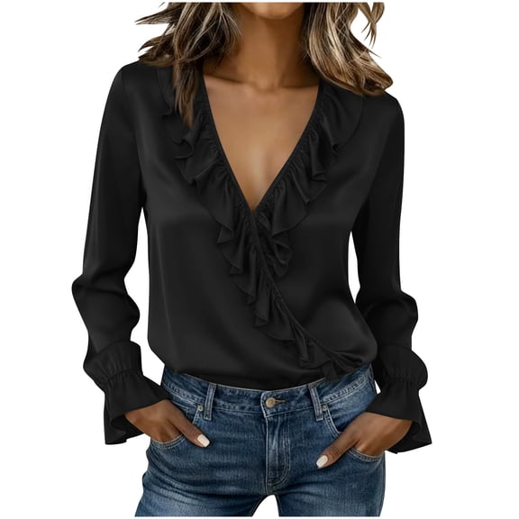 Enjoytime Womens Long Sleeve Tops Solid Color Lace Pleated V-Neck Dressy Shirts 2026 Spring Fashion Vacation Casual Blouses Black S