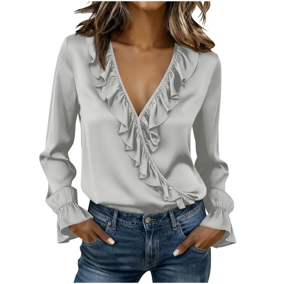 Enjoytime Womens Long Sleeve Tops Solid Color Lace Pleated V-Neck Dressy Shirts 2026 Spring Fashion Vacation Casual Blouses Silver M