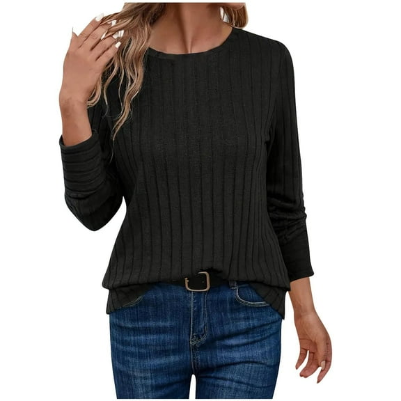 Enjoytime Womens Long Sleeve Tops Solid Color Round Neck Business Casual Blouses Fall Winter Fashion Trendy Work Shirts Black L