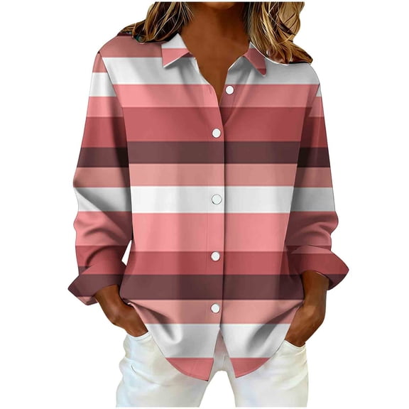 Enjoytime Womens Long Sleeve Tops Striped V-Neck Collared Button Down Blouse Business Casual Work Fashion Plus Size Shirts Pink S