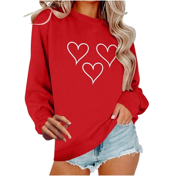 Enjoytime Womens Long Sleeve Tops Valentine's Day Cute Heart Printed Crewneck Sweatshirt Casual Loose Plus Size Shirts for Women Red XXXL