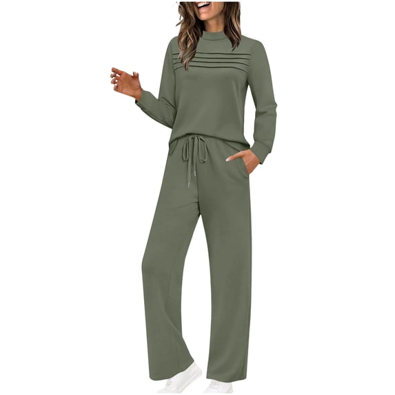 Enjoytime Womens Lounge Set 2026 Solid Color Round Neck Long Sleeve Tops with Pants Two Piece Sets Spring Comfy Business Casual Outfits