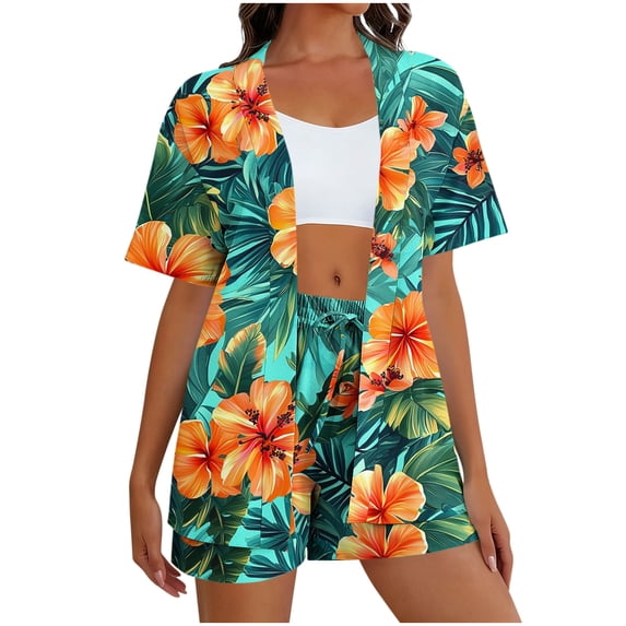 Enjoytime Womens Lounge Set Hawaiian Print Round Neck Short Sleeve Shirts with Shorts 2 Piece Sets Tropical Beach Vacation Outfits Resort Wear