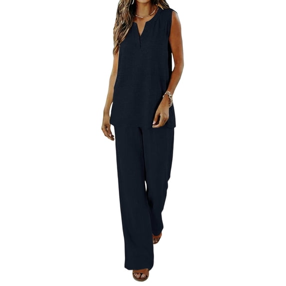 Enjoytime Womens Lounge Set V-Neck Sleeveless Tank Tops with Wide Leg Pants 2 Piece Outfits 2026 Spring Summer Casual Matching Sets