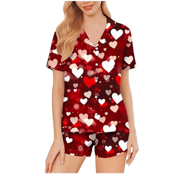 Enjoytime Womens Loungewear Set 2 Piece Heart Print Turndown Short Sleeve Button Down Blouse Shorts Sleepwear Summer Comfy Casual Pajamas