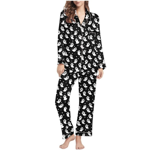 Enjoytime Womens Loungewear Set Halloween Cute Ghost Printed Lapel Long Sleeve Button Down Shirt Loose Pants Sleepwear Casual Comfy Cute Pajama