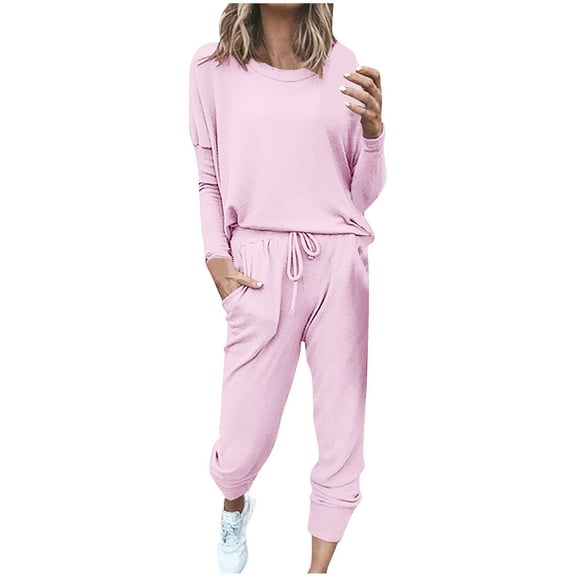 Enjoytime Womens Matching Sets Long Sleeve Crewneck Sweatshirt Long Pants 2 Piece Outfits Solid Color Casual Jogging Suits Fall Winter Plus Size Clothes