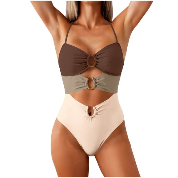 Enjoytime Womens One Piece Swimsuits Patchwork Cutout U Wire Ruched Swimwear Tummy Control Adjustable Straps Bathing Suits