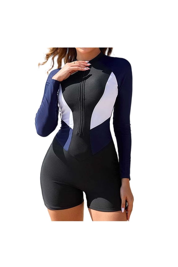 Womens One Piece Swimsuits Patchwork Long Sleeve Zipper Bathing Suit Sun Protection Slimming Tummy Control Swimwear for Surfing Swimming