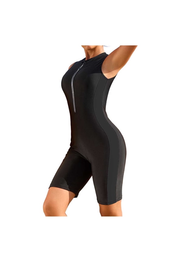 Womens One Piece Swimsuits Patchwork Sleeveless Zipper Bathing Suit Sun Protection Tummy Control Swimwear for Surfing Swimming