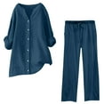 thumbnail image 1 of Enjoytime Womens Outfits Solid Color Long Sleeve Button Down Shirts Loose Pants Loungewear Casual Dressy Plus Size Two Piece Sets for Women Navy XXXXXL, 1 of 3