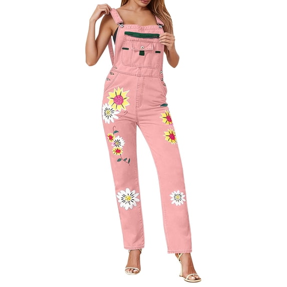 Enjoytime Womens Overalls Printed Adjustable Straps Denim Jumpsuits Casual Loose Plus Size Rompers