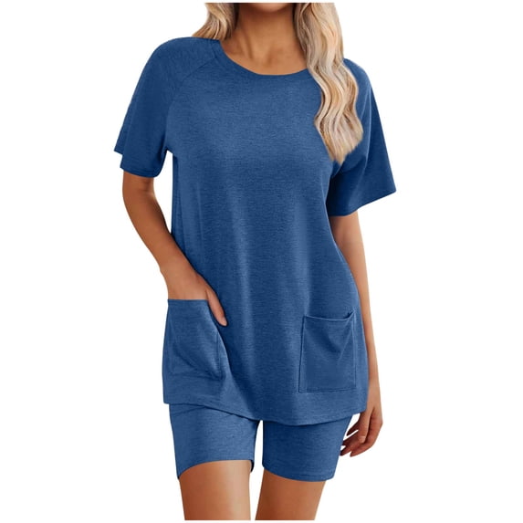 Enjoytime Womens Pajama Sets 2 Piece Soft Short Sleeve Top and Shorts Sleepwear Round Neck Lounge Set with Pockets Blue S