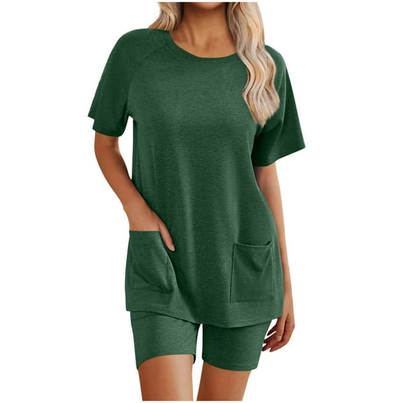 Enjoytime Womens Pajama Sets 2 Piece Soft Short Sleeve Top and Shorts Sleepwear Round Neck Lounge Set with Pockets Green S