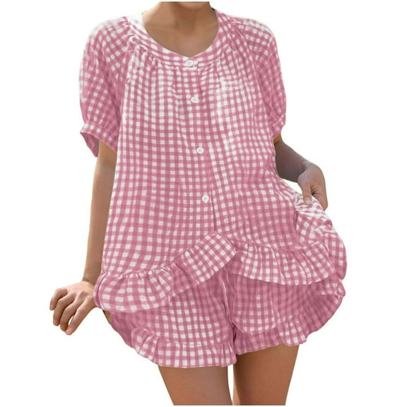 Enjoytime Womens Pajama Sets Plaid V-Neck Long Sleeve Button Down Shirt Shorts 2 Piece Lounge Set Ruffled Fashion Sleepwear Casual Cute Pjs