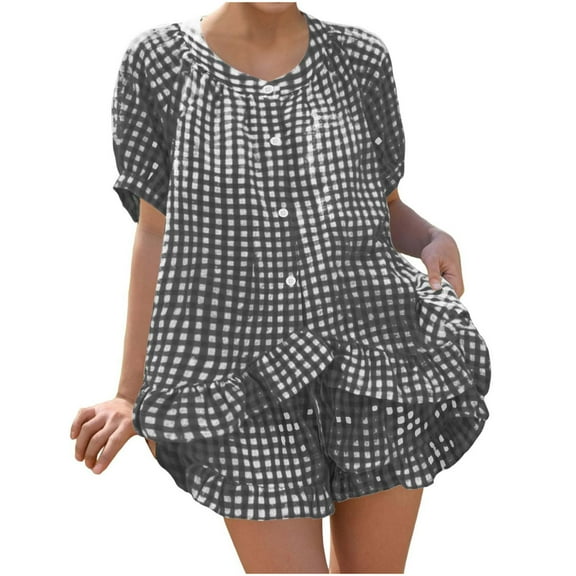 Enjoytime Womens Pajama Sets Plaid V-Neck Long Sleeve Button Down Shirt Shorts 2 Piece Lounge Set Ruffled Fashion Sleepwear Casual Cute Pjs