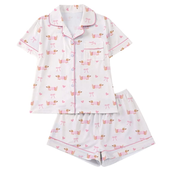 Enjoytime Womens Pajama Sets Short Sleeve Button Down Shirts with Shorts Sleepwear Cute Print Soft 2 Piece Loungewear Set